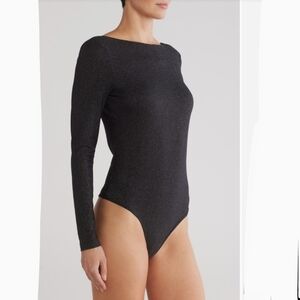 ICHI Bodysuit Metallic Knit Long Sleeve Bateau Scoop Neckline Black Silver M NWT